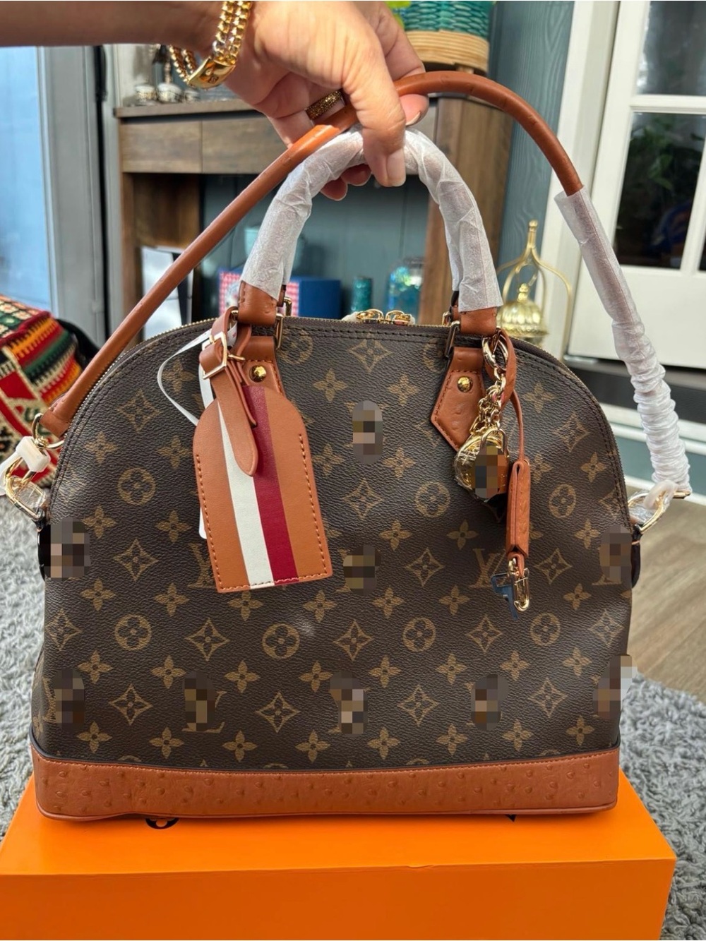 Brown Monogram Dome Satchel with Tan Trim and Striped Tag